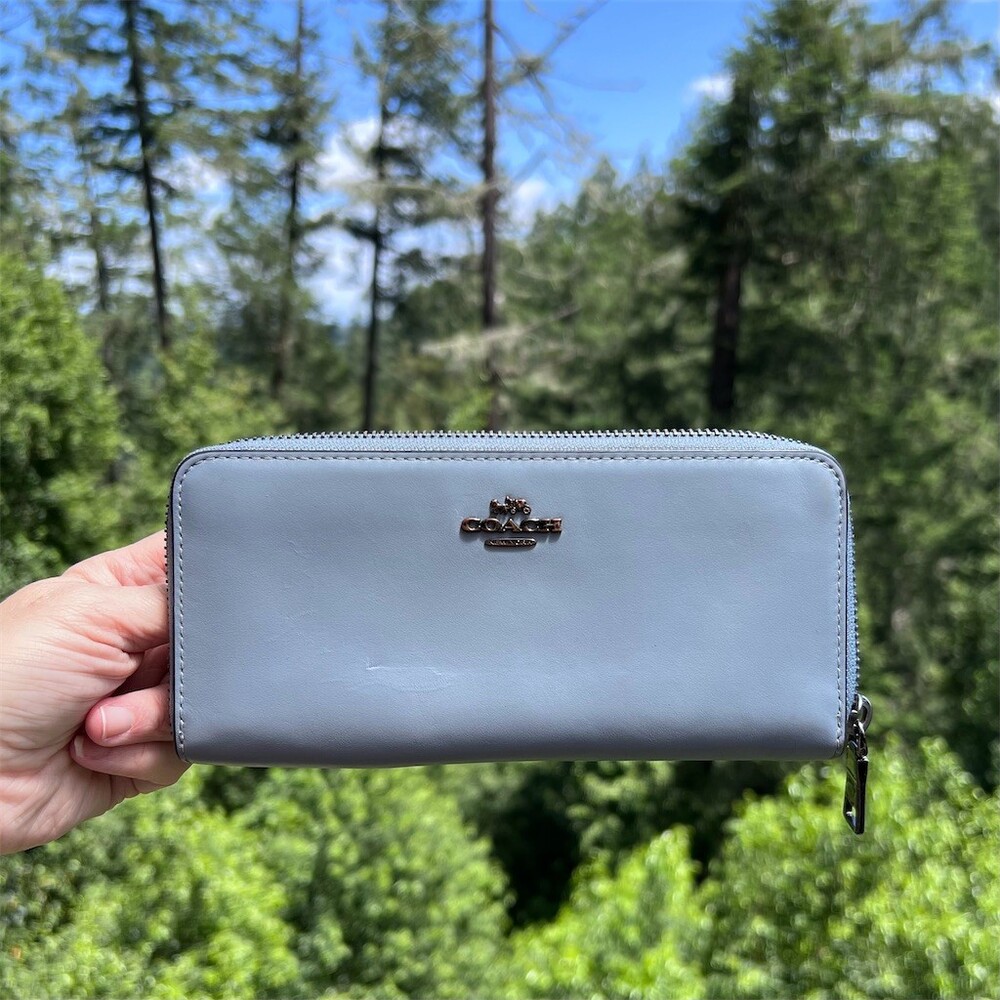 COACH Long Zip-Around Accordion Wallet Smooth Leather Blue w Gunmetal Hardware